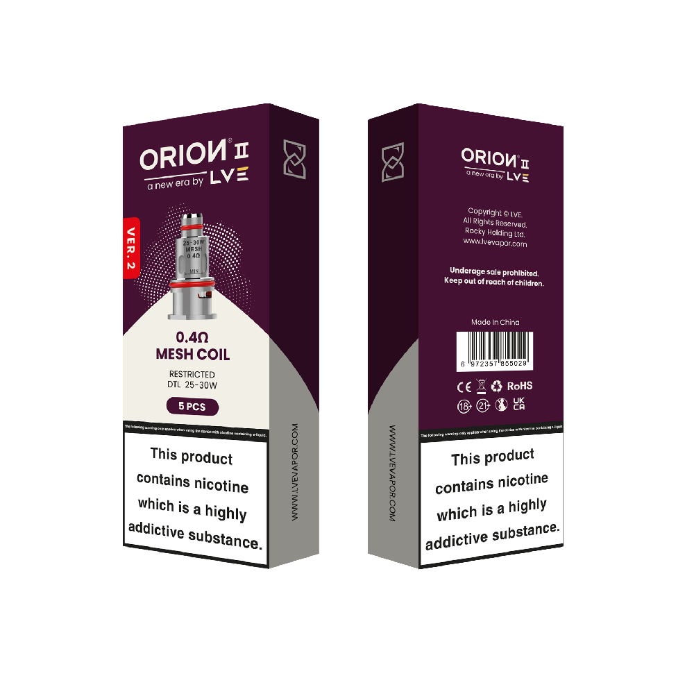 LVE - Orion II V2 Mesh Coils (5-Pack) - 0.4 ohm Mesh Coil DTL with packaging