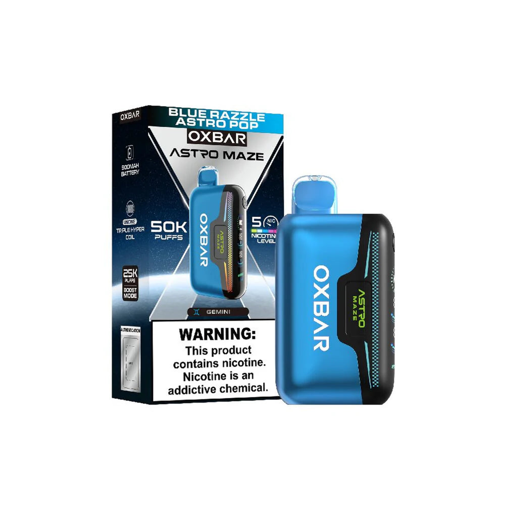 Oxbar Astro Maze - 50K Puffs Disposable - 14mL 50mg | Bluerazzle Astro Pop with Packaging