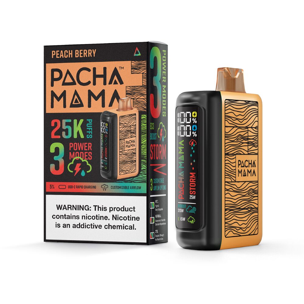 Pachamama 25k – 25K Puff Disposable - 20mL - Peach Berry
 with packaging