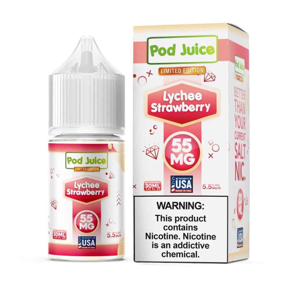 Lychee Strawberry Pod Juice TFN Salts 30mL Bottle with packaging