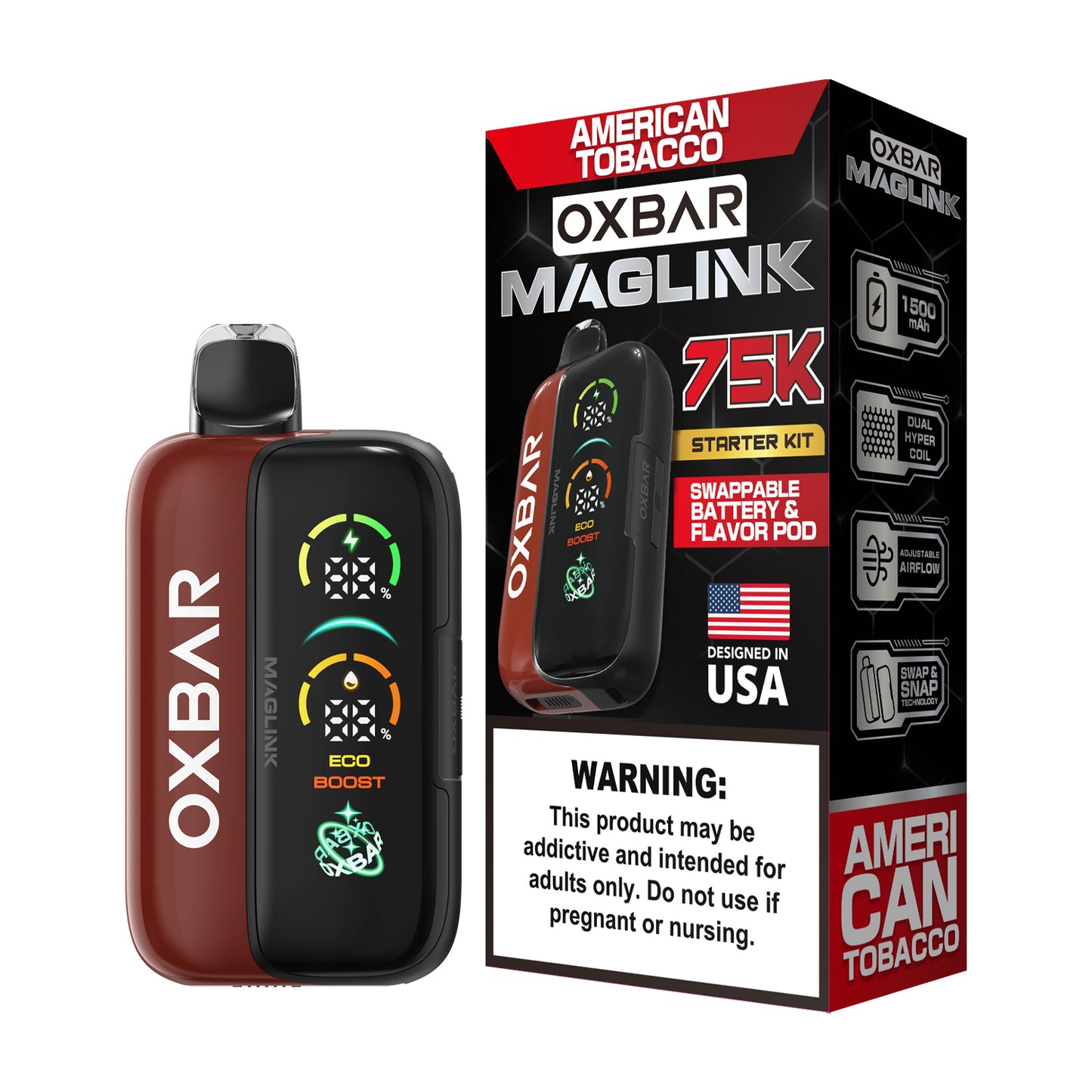 Oxbar Maglink Starter Kit Nixodine 75K Disposable 30mL American Tobacco with Packaging