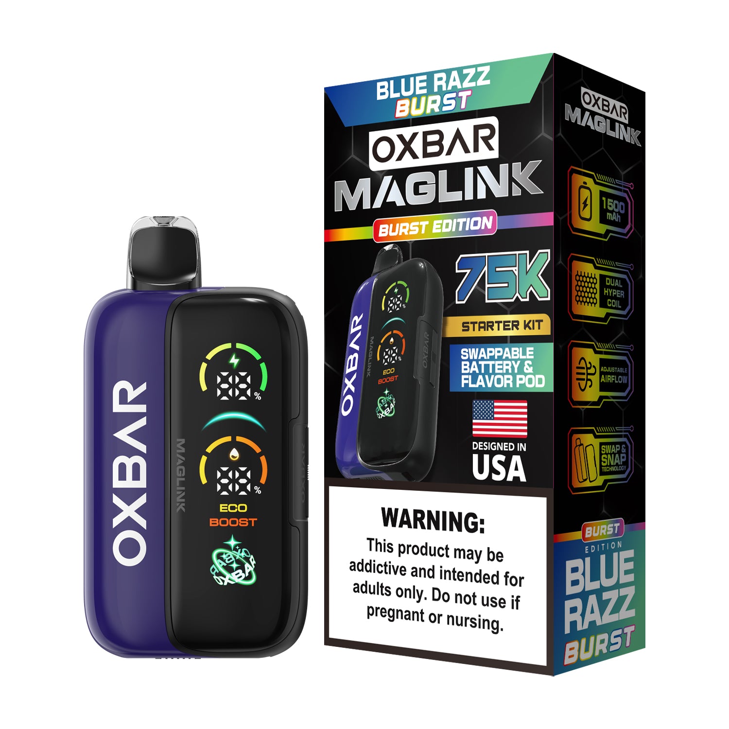 Oxbar Maglink Starter Kit Nixodine 75K Disposable 30mL Blue Razz Burst with Packaging