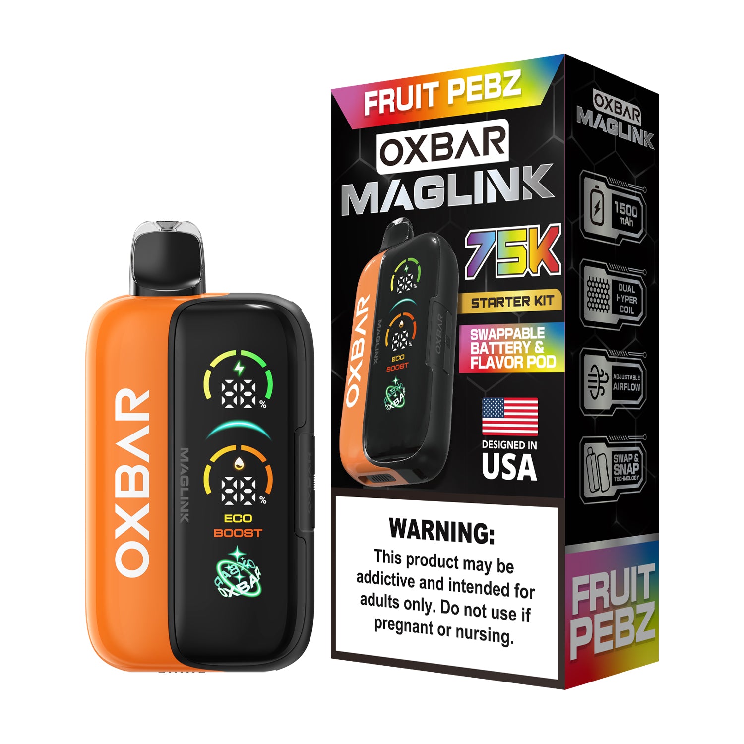 Oxbar Maglink Starter Kit Nixodine 75K Disposable 30mL Fruity Pebz with Packaging