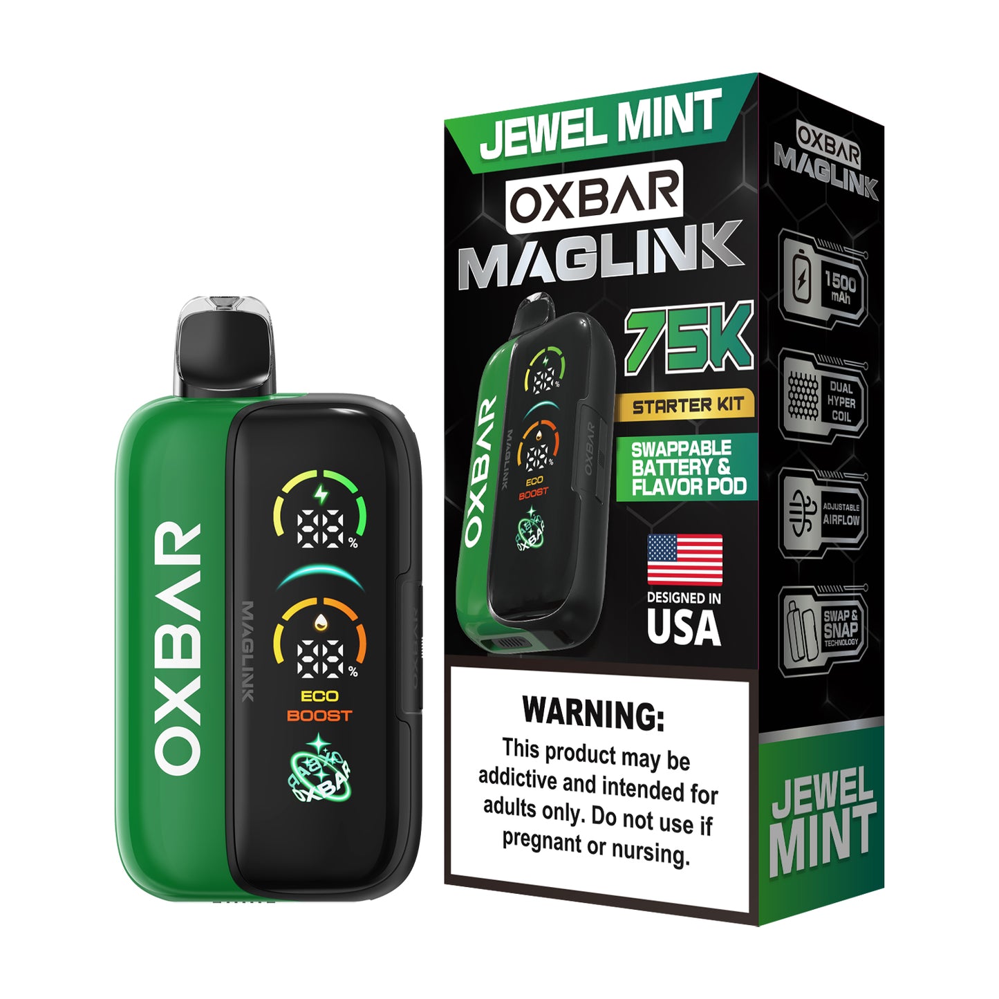 Oxbar Maglink Starter Kit Nixodine 75K Disposable 30mL Jewel Mint with Packaging