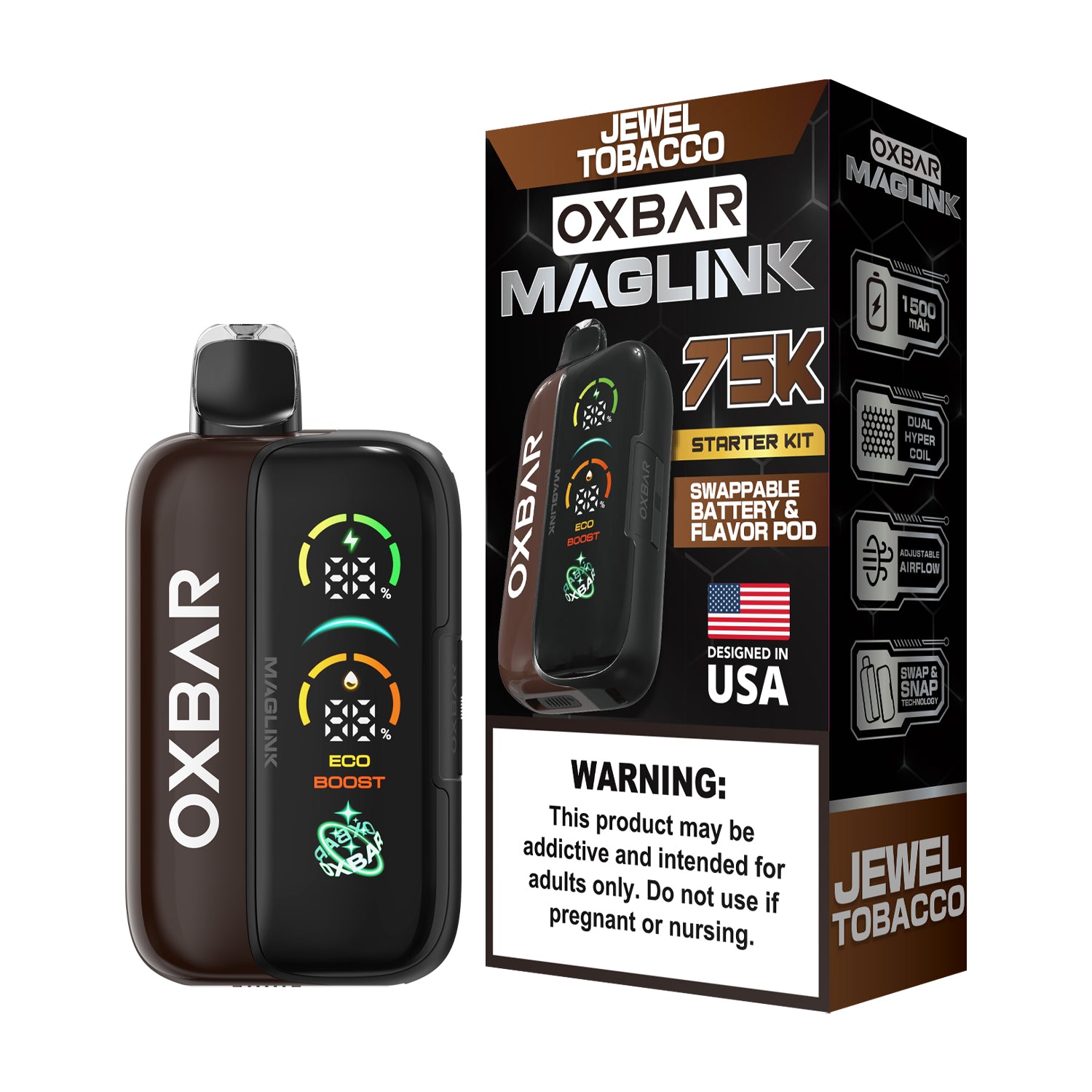 Oxbar Maglink Starter Kit Nixodine 75K Disposable 30mL Jewel Tobacco with Packaging