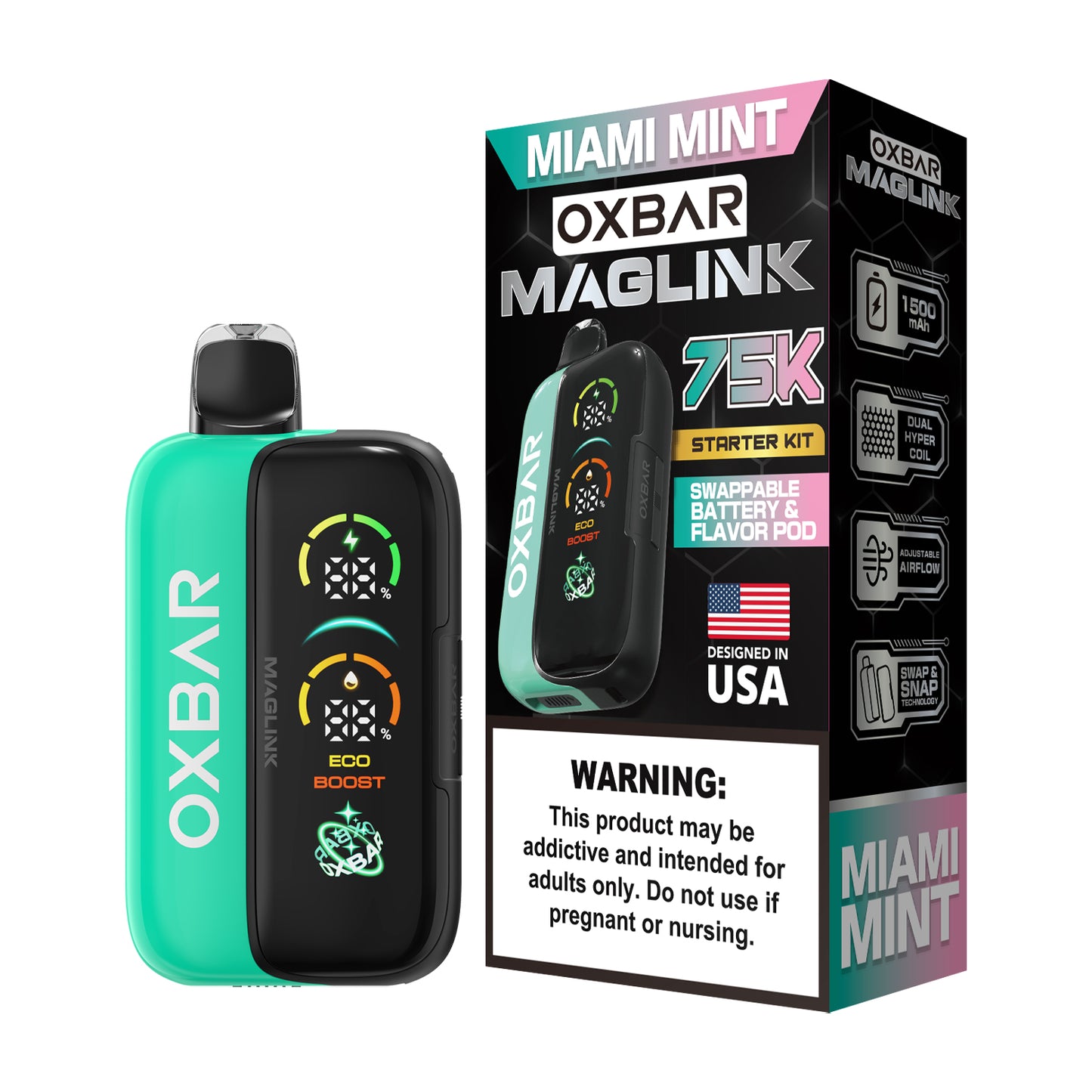 Oxbar Maglink Starter Kit Nixodine 75K Disposable 30mL Miami Mint with Packaging