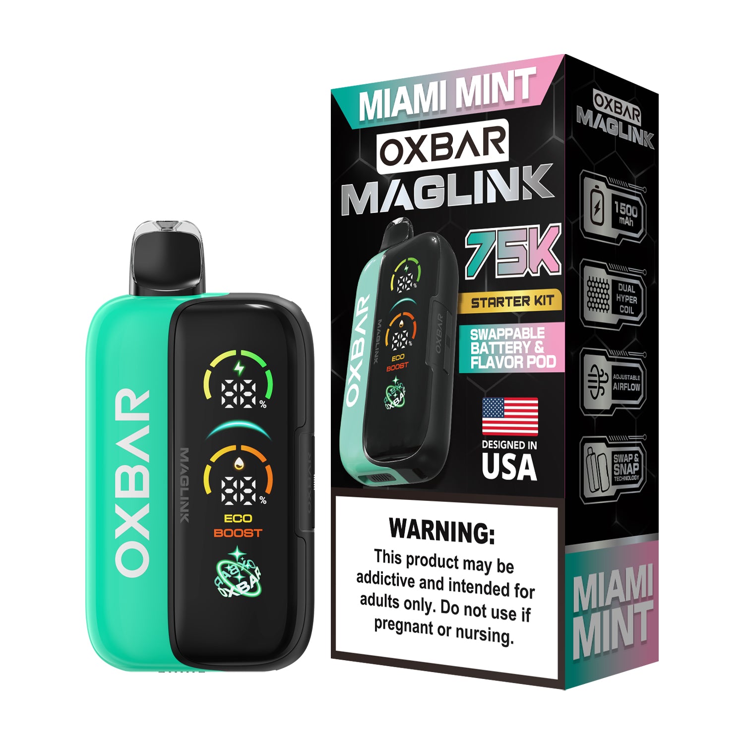 Oxbar Maglink Starter Kit Nixodine 75K Disposable 30mL Miami Mint with Packaging