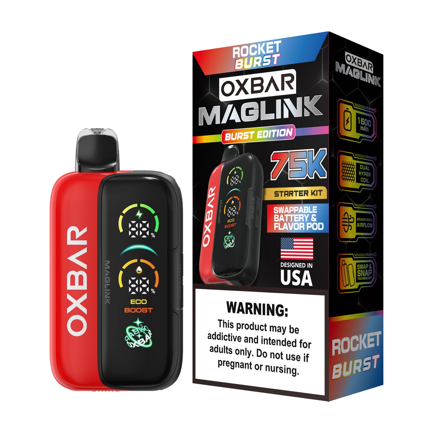 Oxbar Maglink Starter Kit Nixodine 75K Disposable 30mL Rocket Burst with Packaging