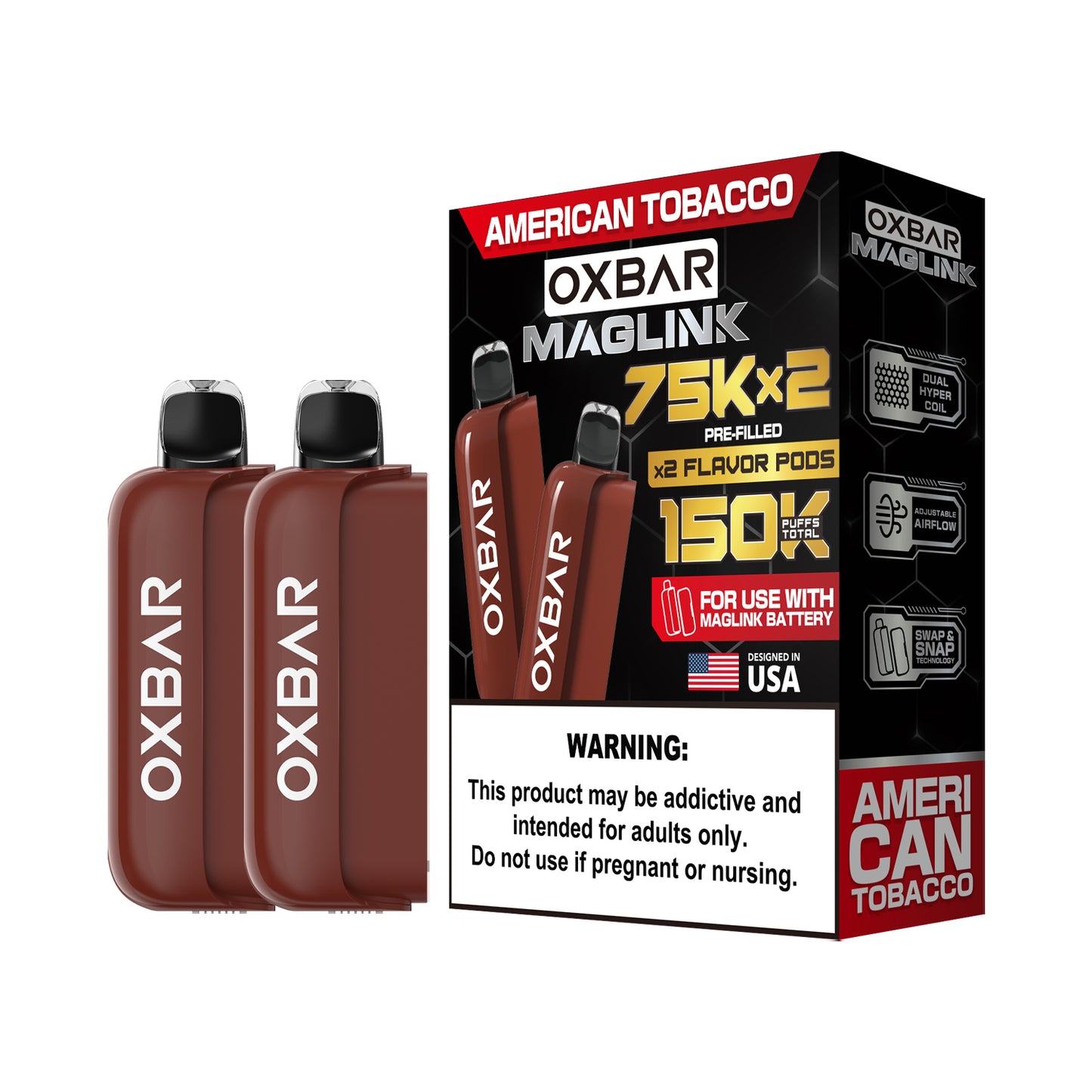 Oxbar Maglink Pods Disposable 75K Nixodine  30mL 2-Pack American Tobacco with Packaging