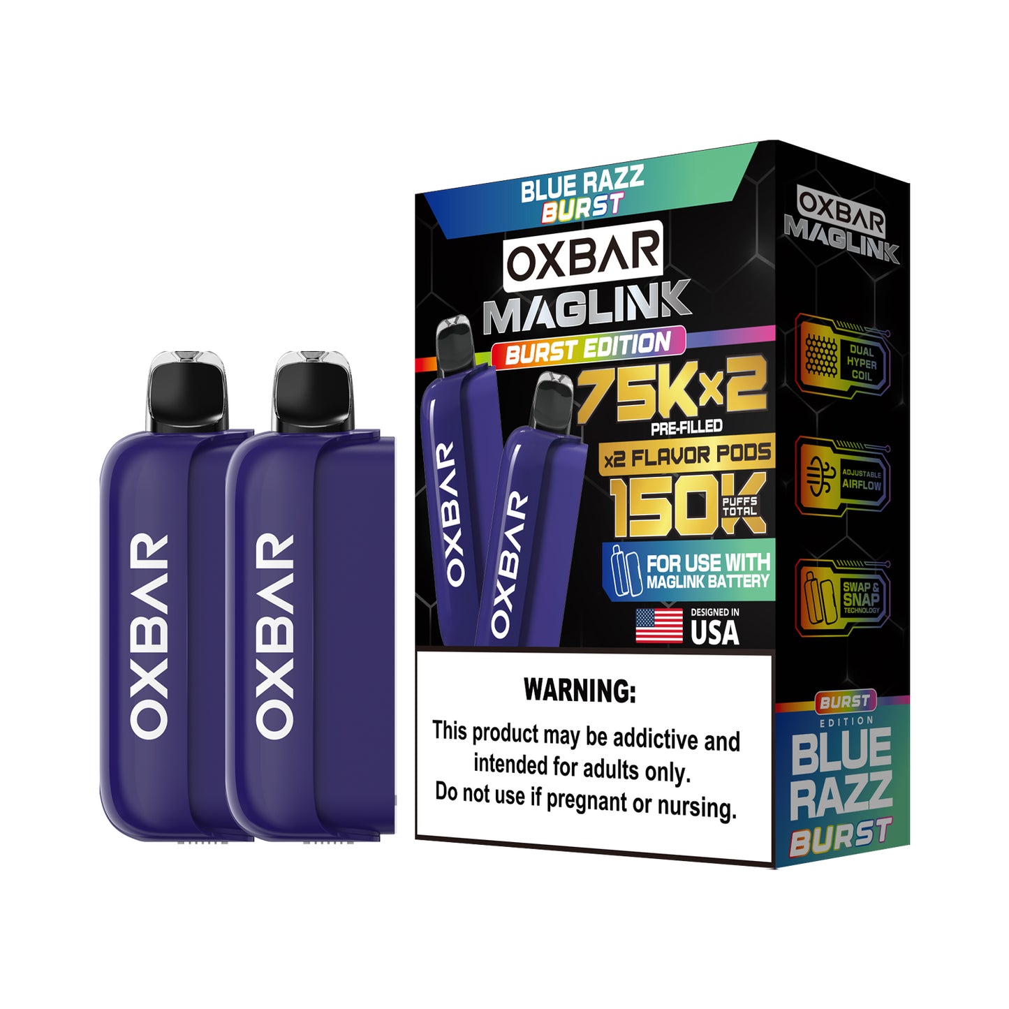 Oxbar Maglink Pods Disposable 75K Nixodine  30mL 2-Pack Blue Razz Burst with Packaging