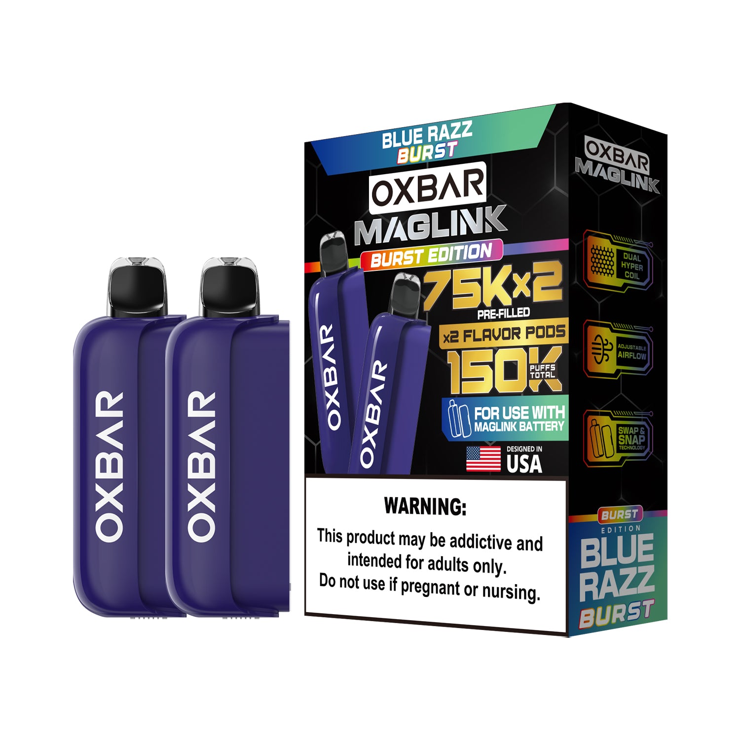 Oxbar Maglink Pods Disposable 75K Nixodine  30mL 2-Pack Blue Razz Burst with Packaging
