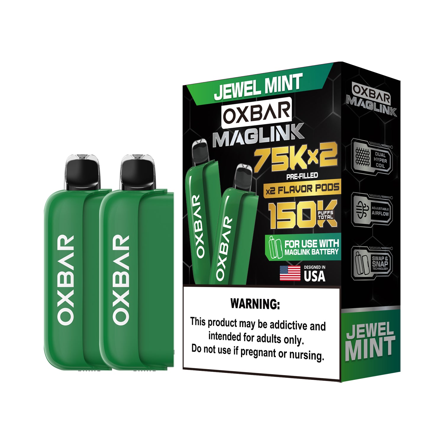 Oxbar Maglink Pods Disposable 75K Nixodine  30mL 2-Pack Jewel Mint with Packaging