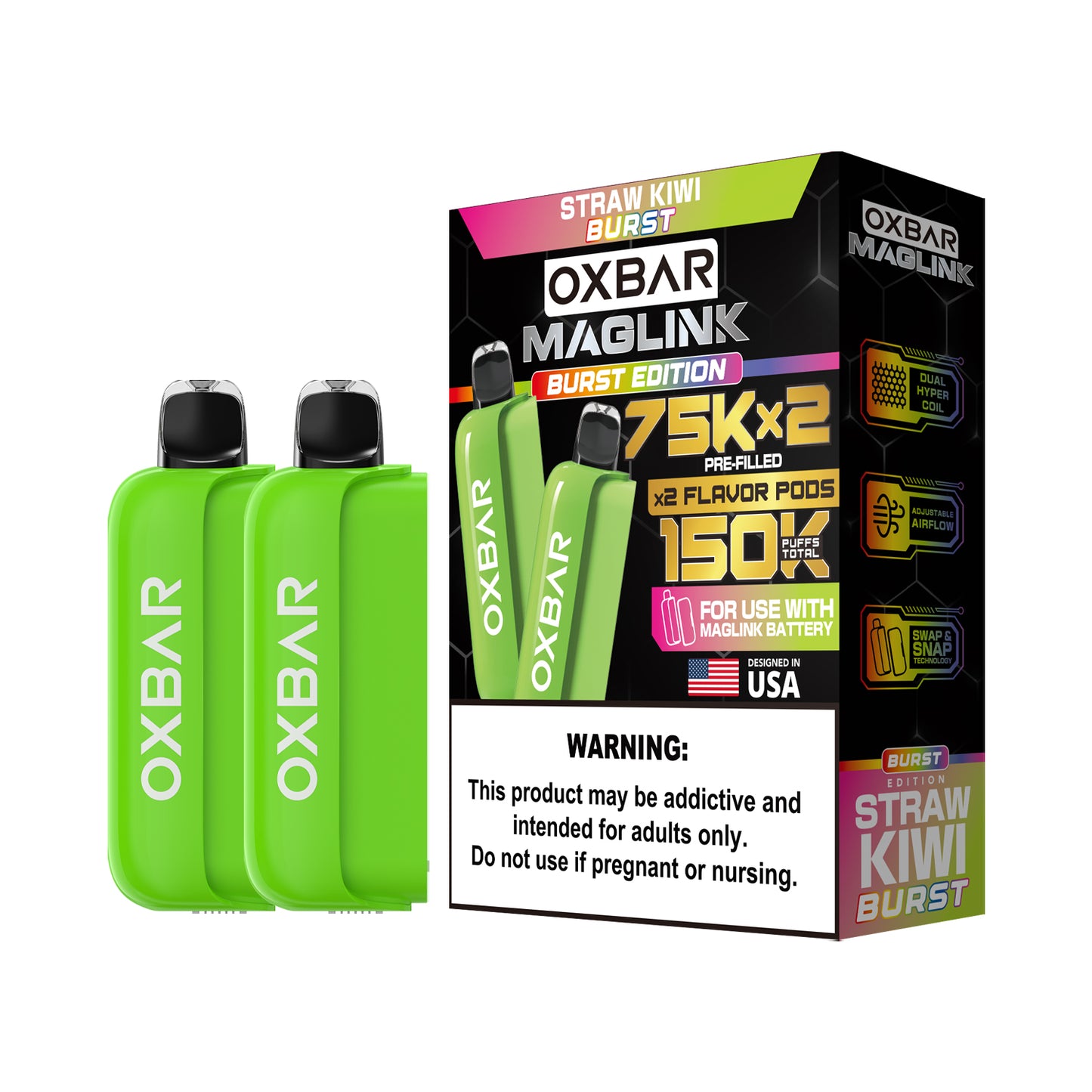 Oxbar Maglink Pods Disposable 75K Nixodine  30mL 2-Pack Strawberry Kiwi Burst with Packaging