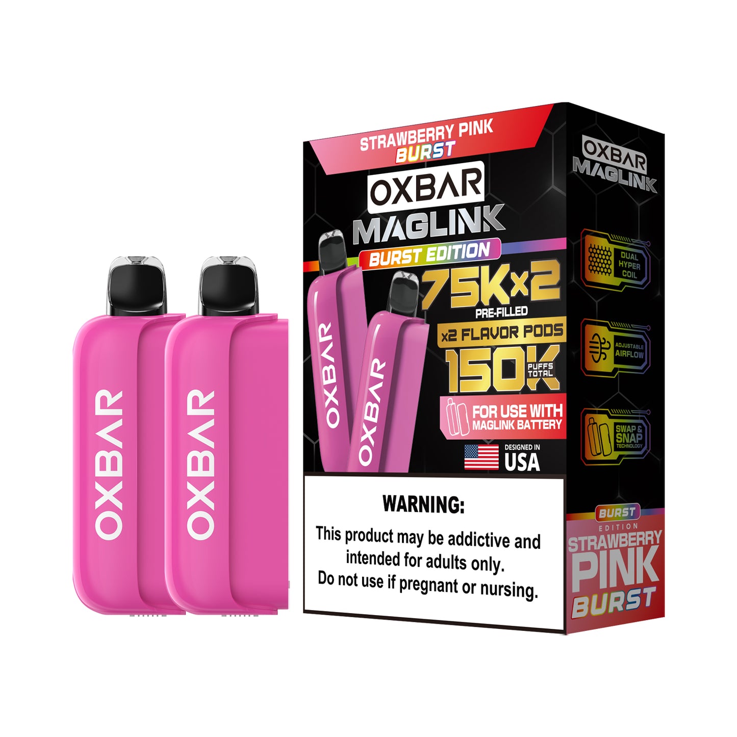 Oxbar Maglink Pods Disposable 75K Nixodine  30mL 2-Pack Strawberry Pink Burst with Packaging
