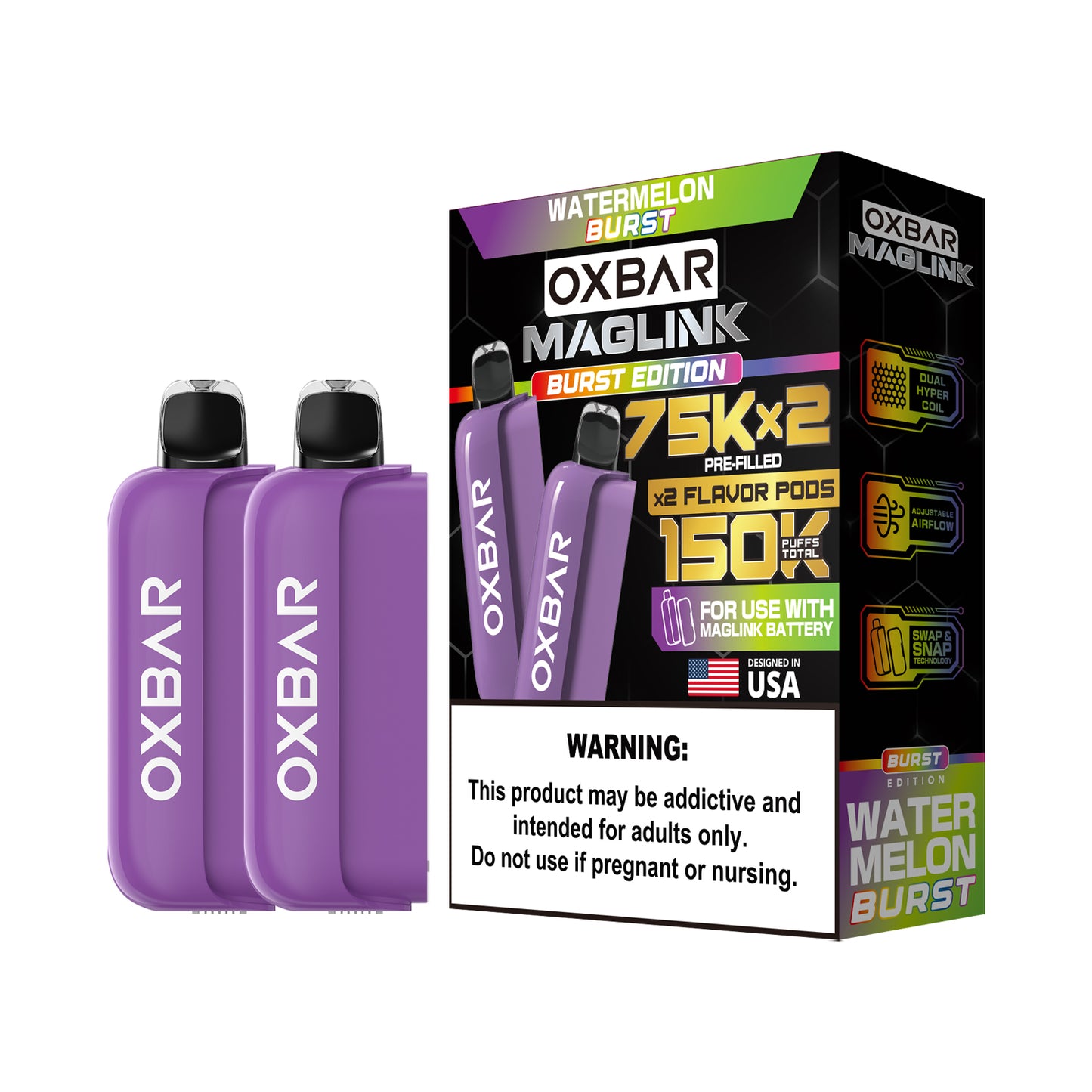 Oxbar Maglink Pods Disposable 75K Nixodine  30mL 2-Pack Watermelon Burst with Packaging