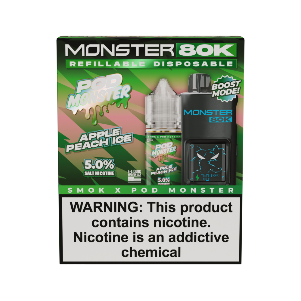Collab Bundle – SMOK Monster 80K Pod System + POD Monster Salt 30mL Apple Peach Ice with Packaging