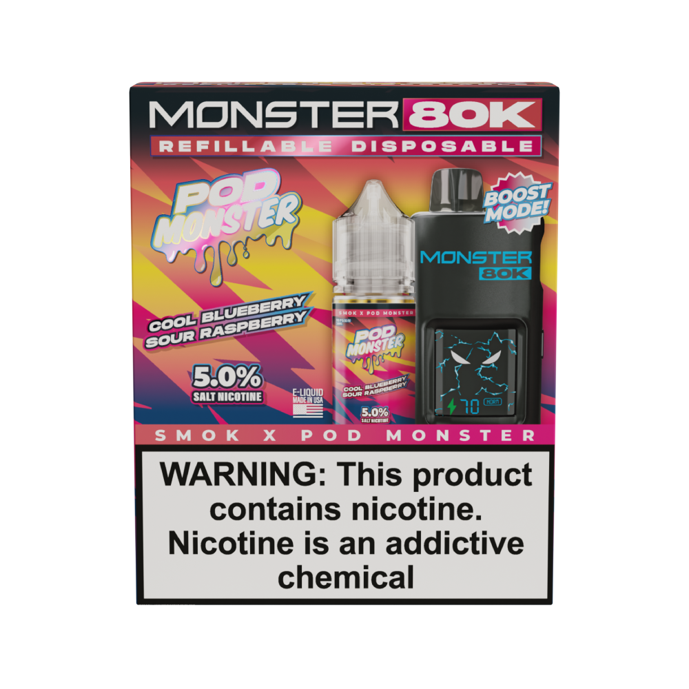 Collab Bundle – SMOK Monster 80K Pod System + POD Monster Salt 30mL Cool Blueberry Sour Raspberry with Packaging