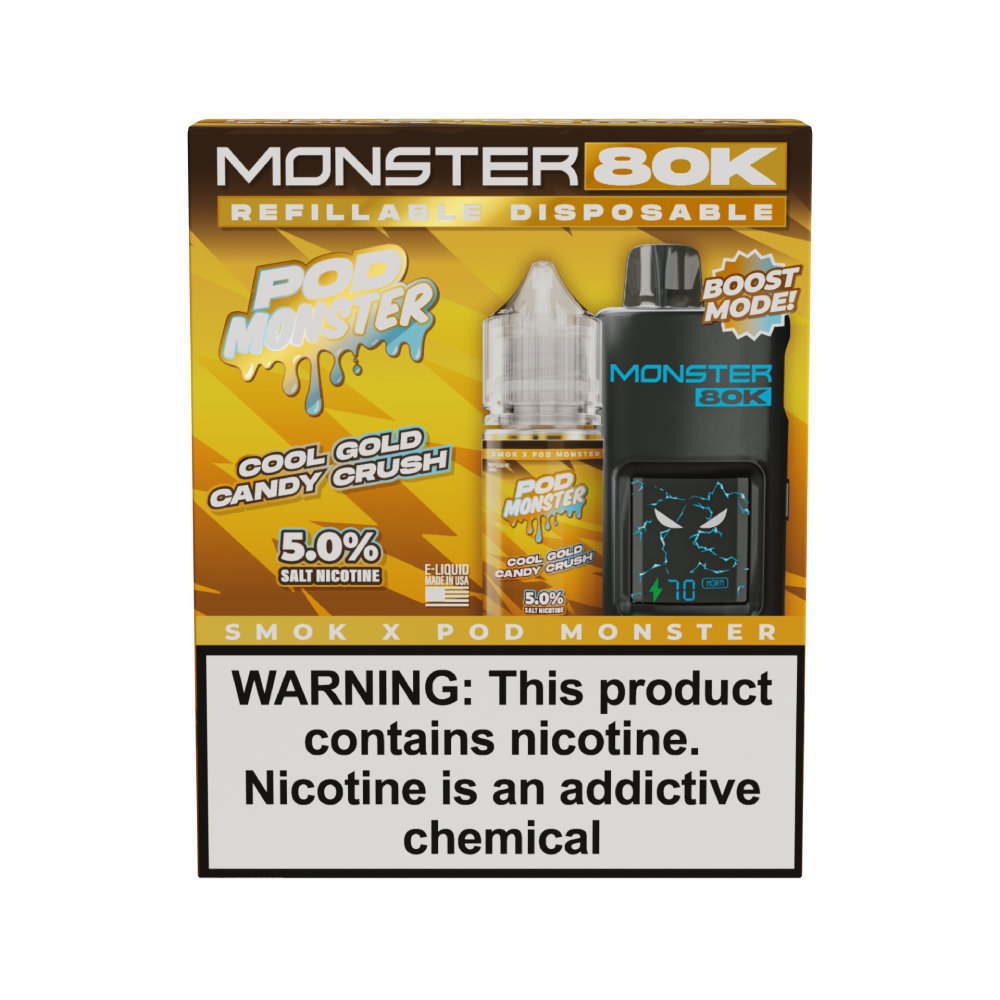 Collab Bundle – SMOK Monster 80K Pod System + POD Monster Salt 30mL Cool Gold Candy Crush with Packaging