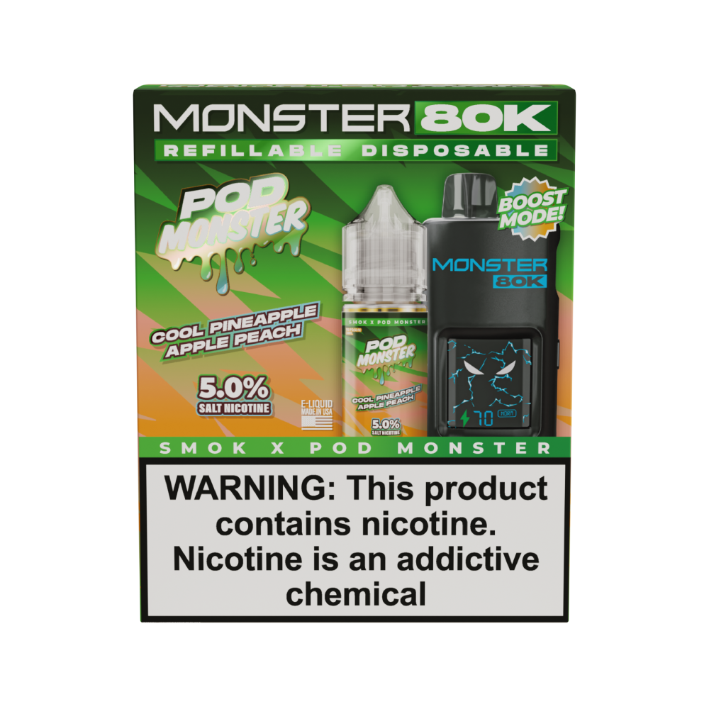 Collab Bundle – SMOK Monster 80K Pod System + POD Monster Salt 30mL Cool Pineapple Apple Peach with Packaging