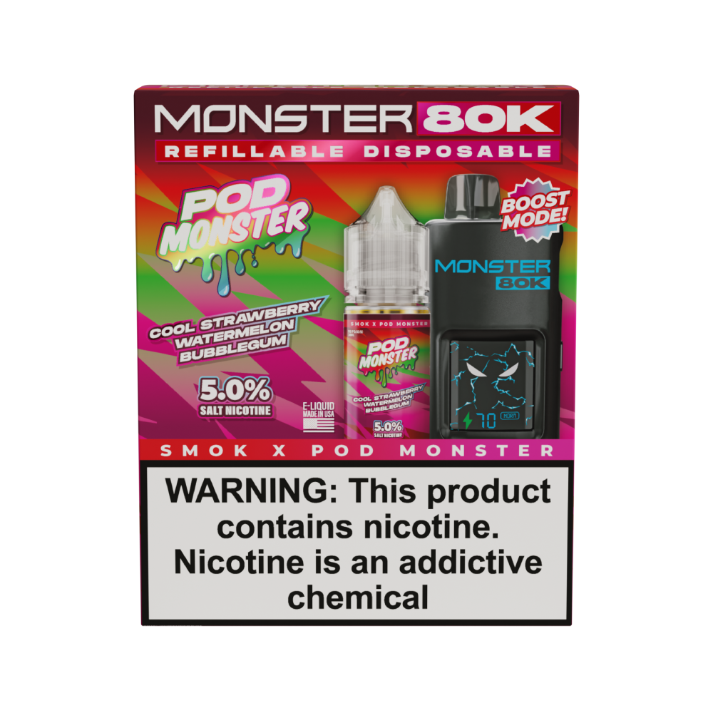 Collab Bundle – SMOK Monster 80K Pod System + POD Monster Salt 30mL Cool Strawberry Watermelon Bubblegum with Packaging