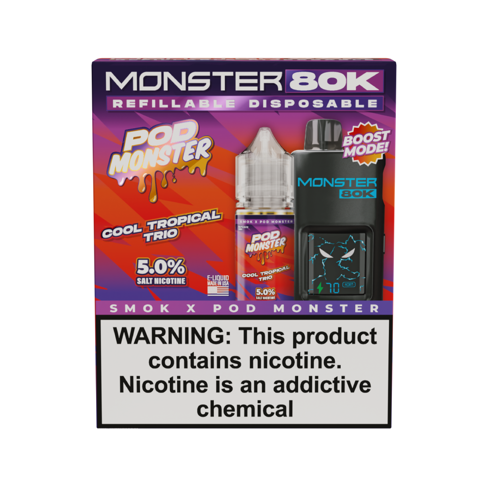 Collab Bundle – SMOK Monster 80K Pod System + POD Monster Salt 30mL Cool Tropical Trio with Packaging