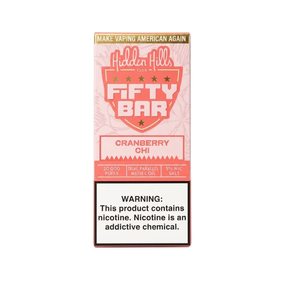 Fifty Bar x Hidden Hills 20K Disposable Cranberry Chi with Packaging