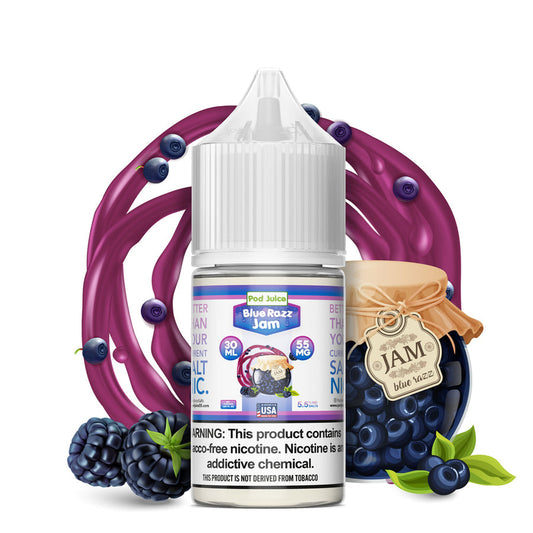 Blue Razz Jam by Pod Juice Salts Series 30mL Bottle with background