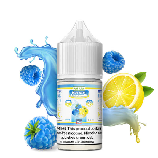 Blue Razz Lemonade by Pod Juice Salt Bottle with background