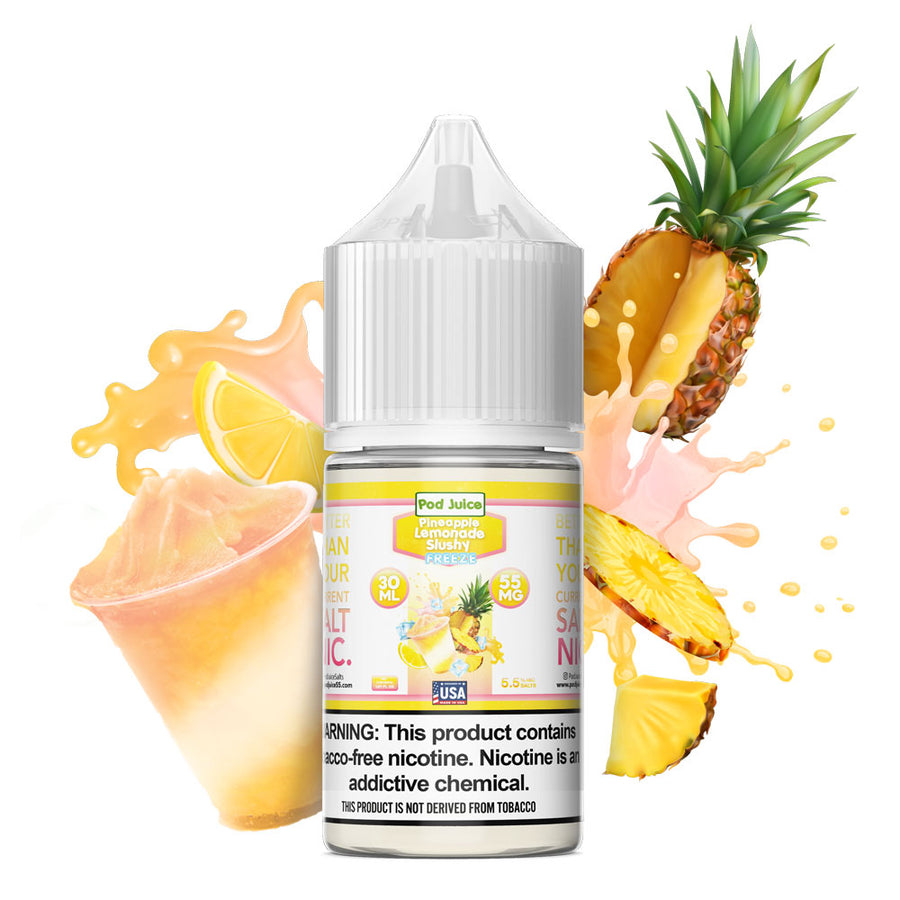 Pineapple Lemonade Slushy Freeze by Pod Juice Salts Series 30mL Bottle with background