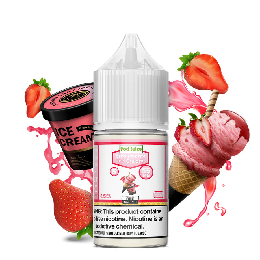 Strawberry Ice Cream by Pod Juice Salts Series 30mL Bottle with background