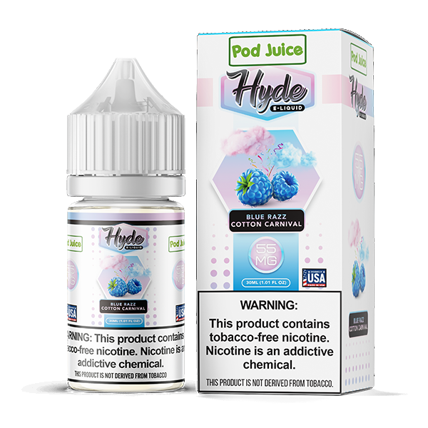 Blue Razz Cotton Carnival by Pod Juice – Hyde TFN Salt Series 30mL With Packaging