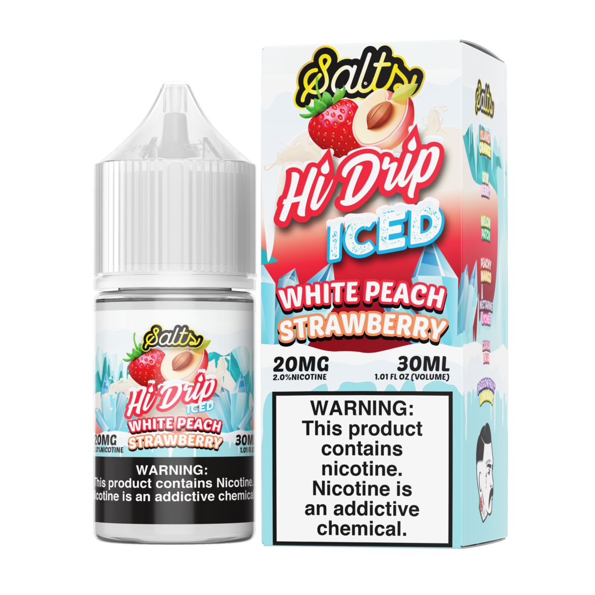 White Peach Strawberry Ice | Hi-Drip Salts | 30ml 20mg bottle with packaging