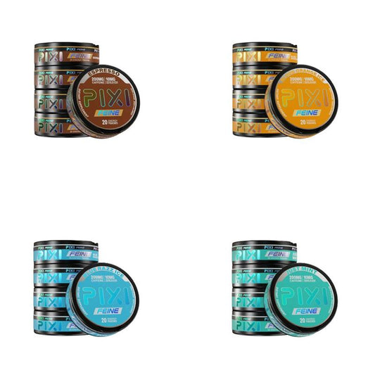 PIXI Feine Energy Pouch 20ct Can | 10mg Feine Blend DSPLY 5pc Group Photo