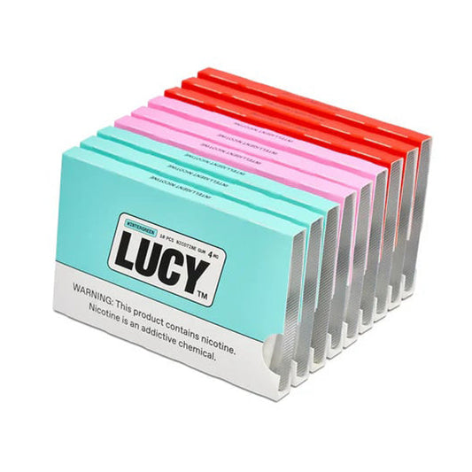 Lucy Nicotine Gum (10-Piece Blister Pack) group photo with Packaging