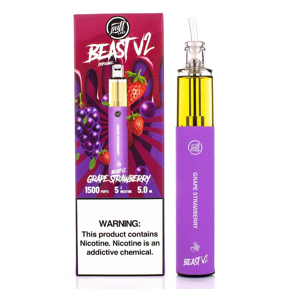 Puff Beast Bar V2 - 1500 Puffs Disposable - 5mL 50mg (Individual) Grape Strawberry with Packaging