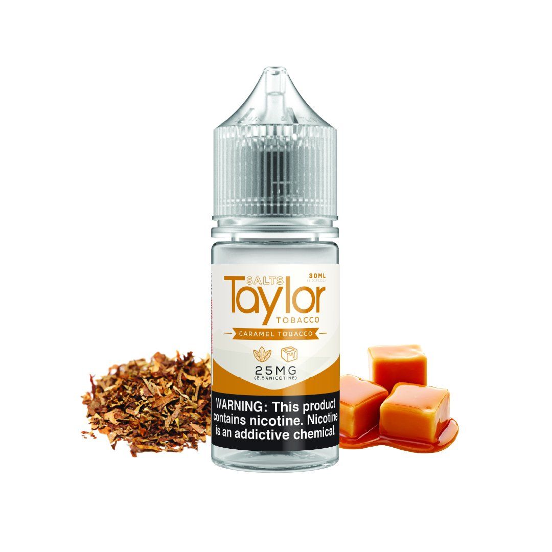 Caramel Tobacco by Taylor Salts 30mL (Salt Nic) Bottle With Background