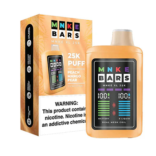 MNKE Bars Disposable 25000 Puffs 18mL 50mg Peach Mango Pea  with Packaging