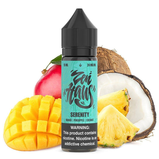 Serenity by Zen Haus Salt Series E-Liquid 15mL (Salt Nic) bottle with background